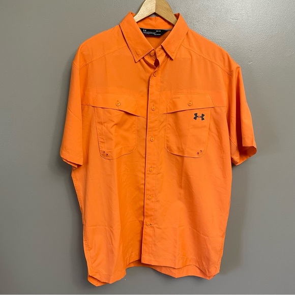 Under Armour Heat Gear Mens Shirt Med Orange Vented Nylon Fishing Hiking Outdoor - Picture 1 of 7
